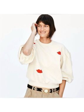 Clare V Lips Sweatshirt Balloon Sleeve Cream French Terry Small